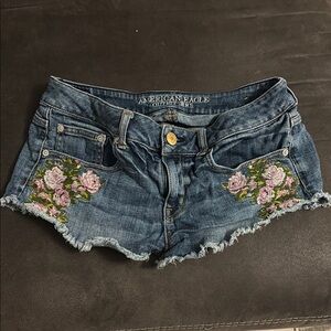 American Eagle Outfitters Blue Jean Shorts with Floral Embroidery